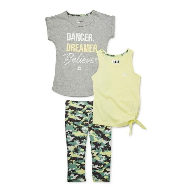 RBX Girls Workout Set 4 Piece Athletic Performance T-Shirt Leggings and Sports Training Bralette Set